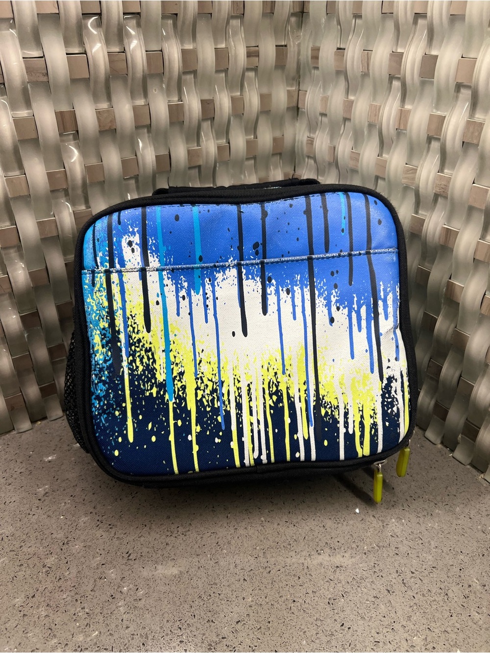 Pottery Barn Blue and Yellow Drip Print Lunch Bag